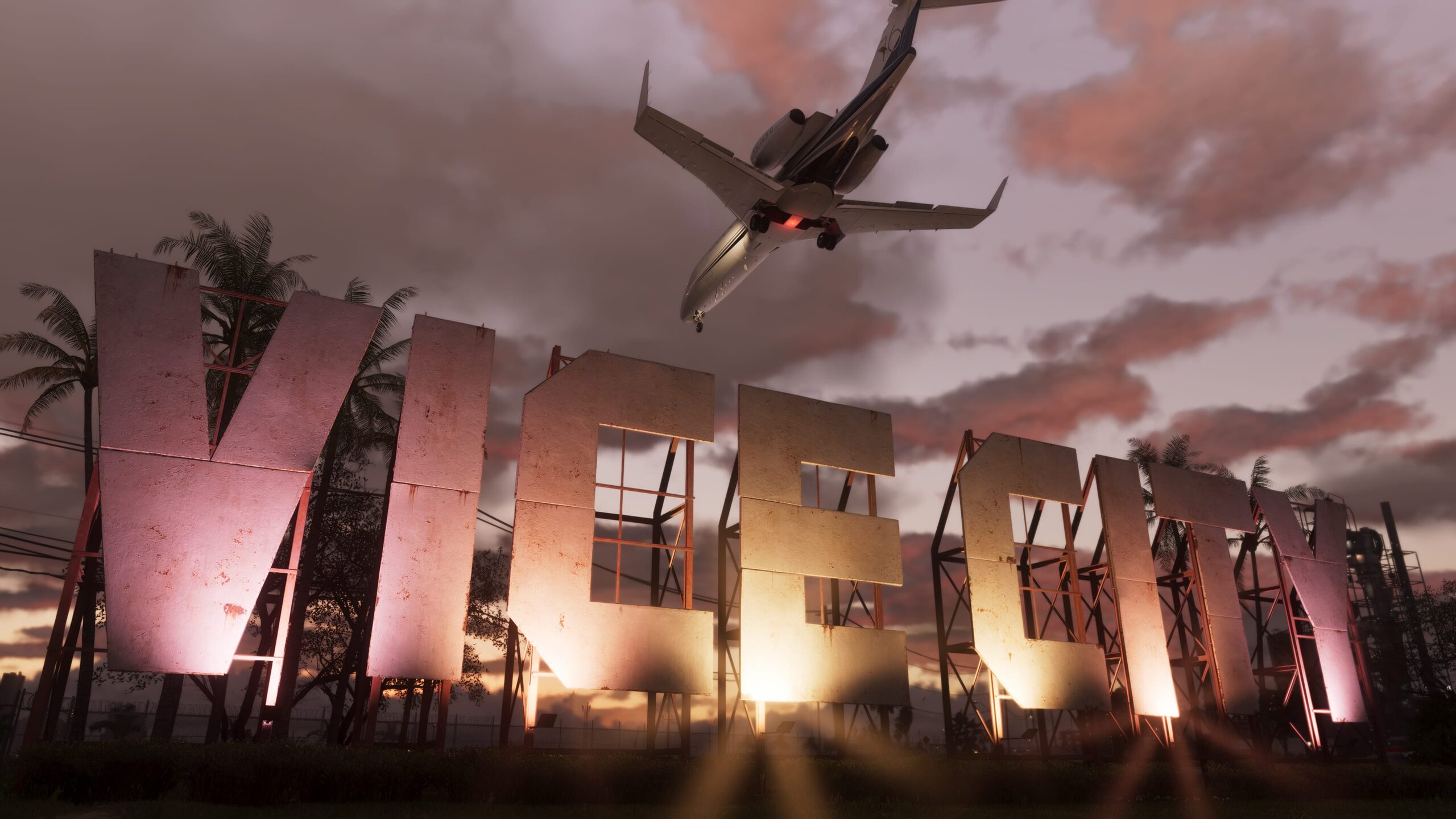 Sonnenuntergang über Vice City – Palmen, Skyline und das ikonische Stadtschild